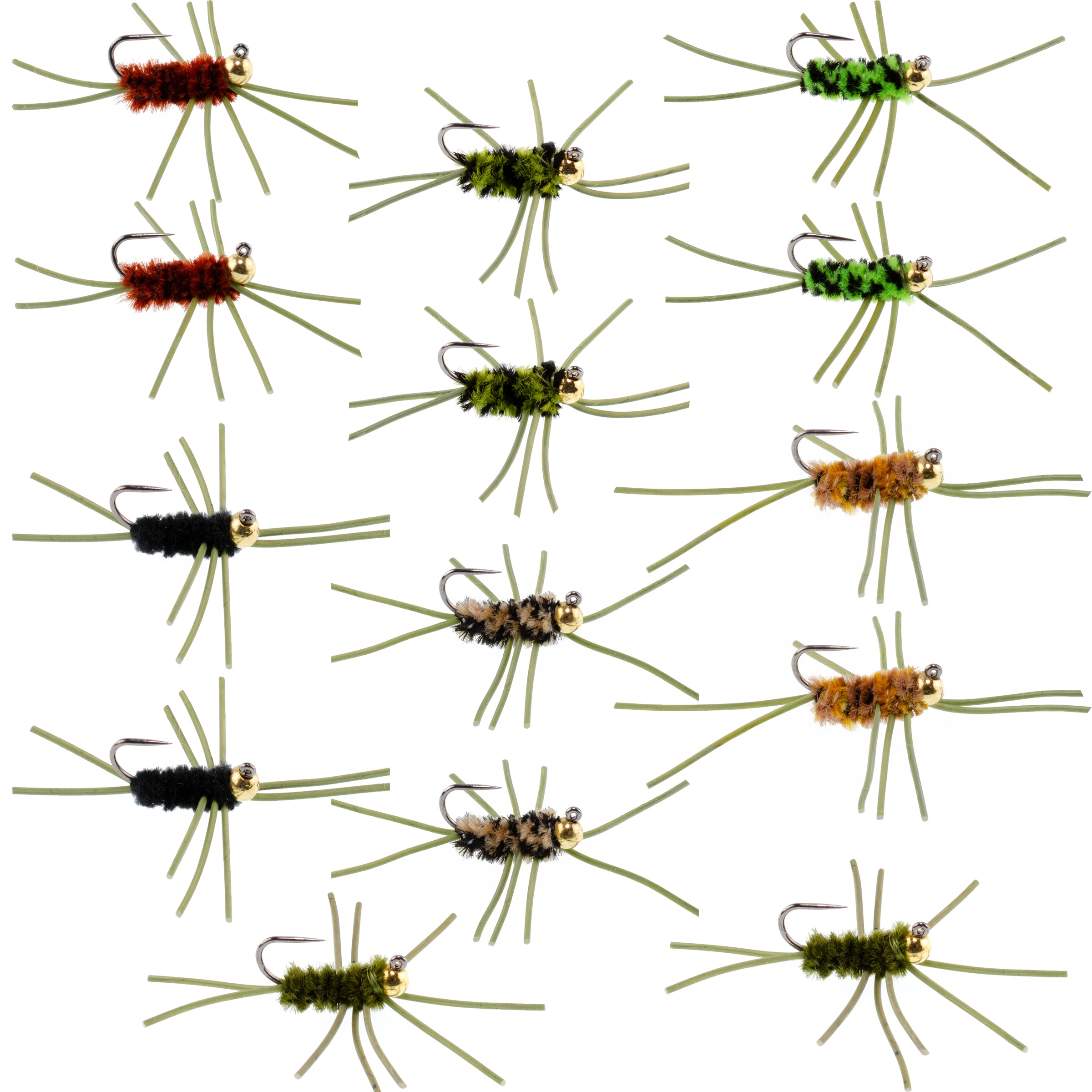 Tungsten Bead Jigged Pat's Rubber Legs Nymph Assortment Fly Fishing Flies - Trout and Bass Wet Fly Pattern - 14 Flies 7 Colors Hook Size 10
