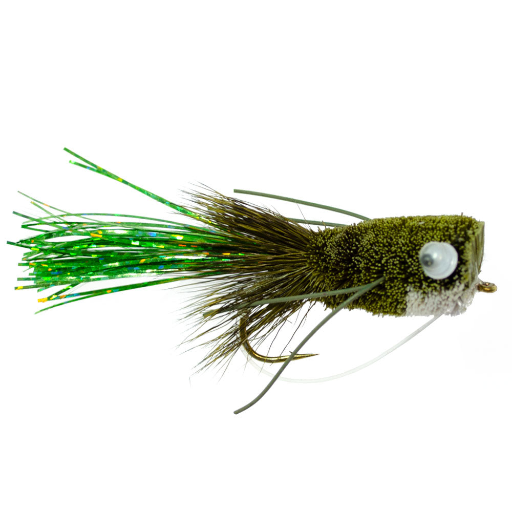 Flashtail Bass Popper Size 8 - Olive Bass Fly Fishing Bug Wide Gape Bass Hooks With Weed Guard
