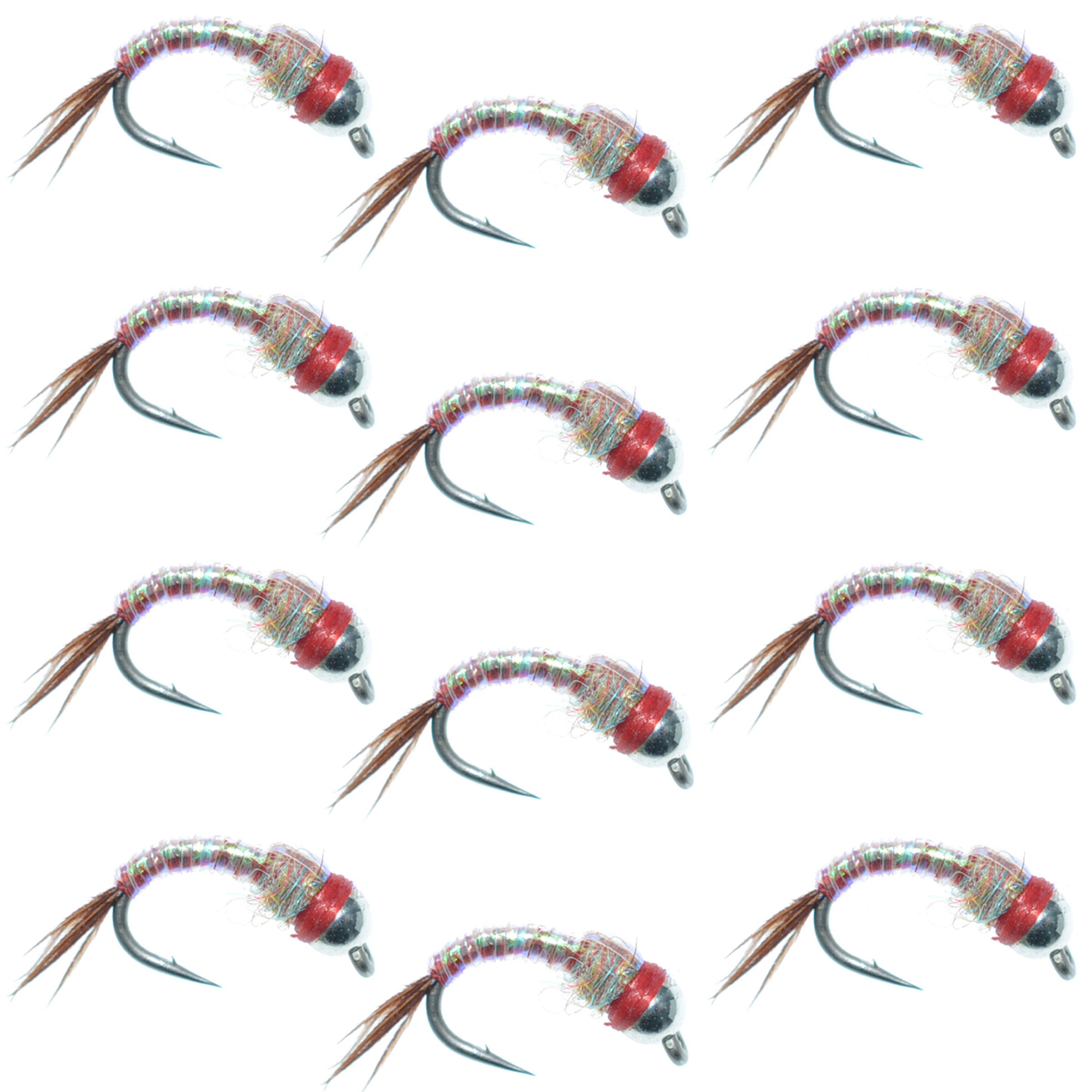 Bead Head Rainbow Warrior Nymph Moscas de pesca con mosca, una docena de ganchos, tamaño 14