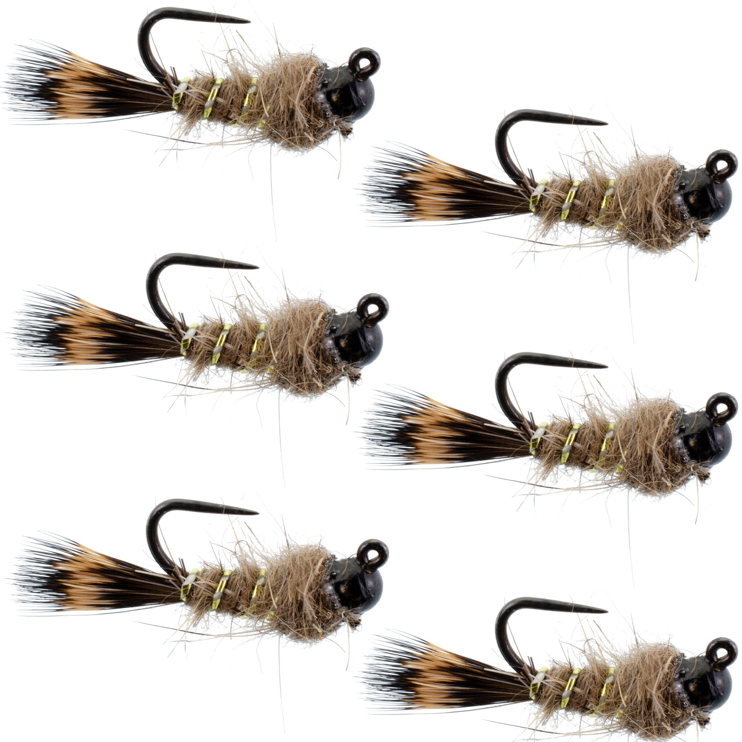Black Tungsten Bead Tactical Hares Ear Czech Nymph Euro Nymphing Fly - 6 Flies Size 14