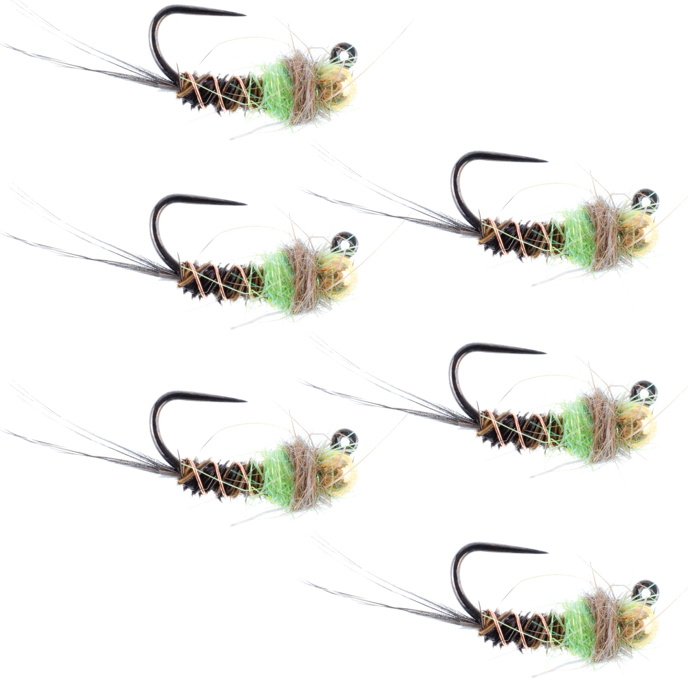 Tungsten Bead Hot Spot Pheasant Tail Tactical Jig Chartreuse Czech Nymph Euro Nymphing Fly - 6 Flies Size 14