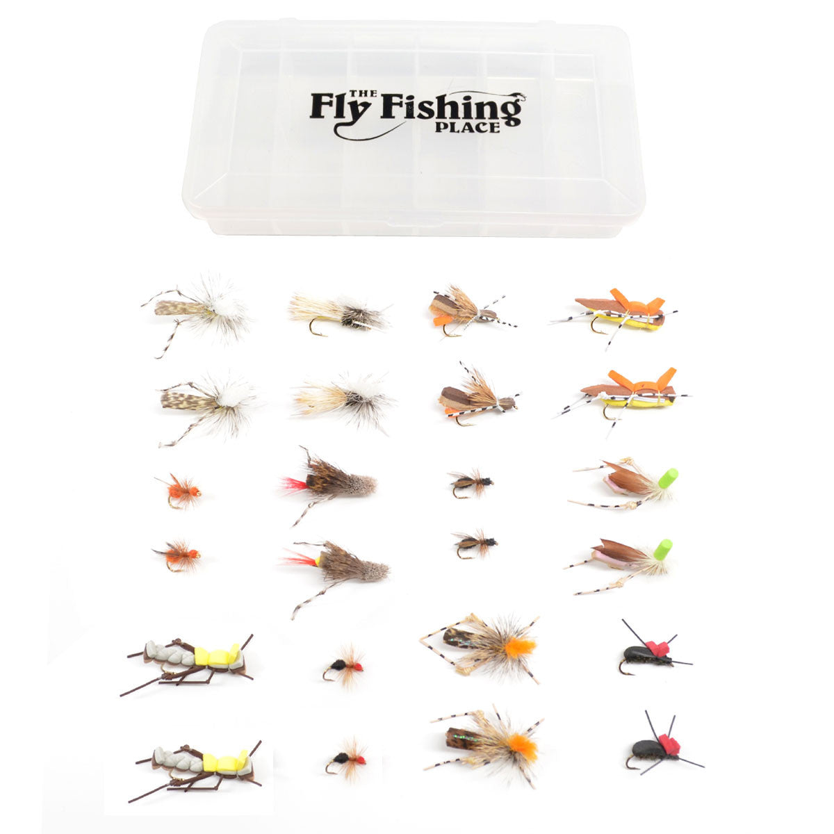 Trout Fly Assortment - Essential Terrestrials Fly Fishing Flies Collection - Includes Foam Hoppers, Ants, Beetles, and Cicadas - 2 Dozen Trout Flies with Fly Box