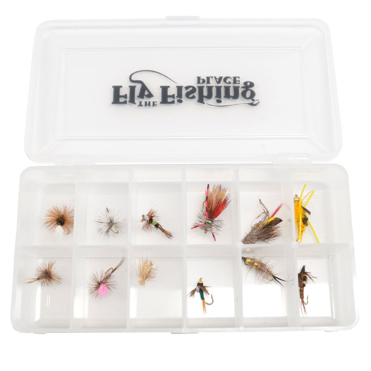 Surtido de moscas para trucha, colección esencial de moscas para pesca con mosca seca y ninfa occidental, 1 docena de moscas para trucha con caja para moscas