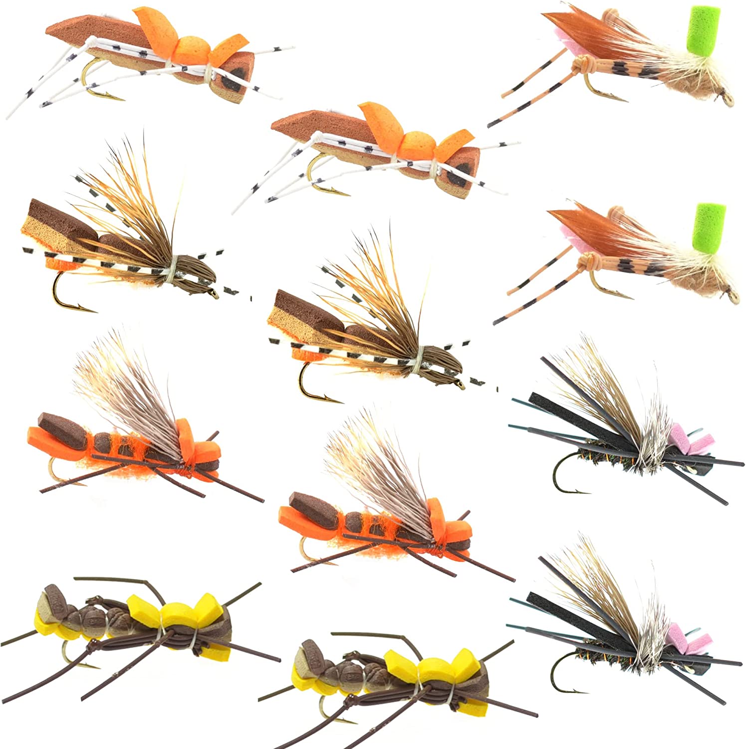 The Fly Fishing Place Foam Hopper Fly Fishing Flies Assortment - 12 Flies - 2 Each of 6 Grasshopper Dropper Hoppers Patterns with Fly Box